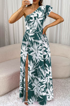 Green Elegant Print Patchwork High Slit Ruffled Trim Oblique Collar Long Dresses