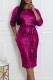 Rose Red Party Formal Elegant Solid Color Sequins Patchwork Oblique Collar Long Sleeve Two Pieces