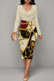 Tibetan Blue Casual Print Patchwork V Neck Wrapped Skirt Dresses