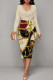 Light Yellow Casual Print Patchwork V Neck Wrapped Skirt Dresses