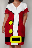 Burgundy Casual Party Wapiti Santa Claus Print Pocket Contrast V Neck Printed Plus Size Dresses