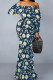 Dark Blue Casual Print Patchwork Backless Off Shoulder Long Dresses