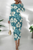 Tibetan Blue Casual Print Patchwork O Neck Wrapped Skirt Dresses