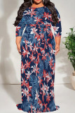 Ink Green Casual Print Patchwork Strap Design O Neck Long Plus Size Dresses