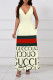Beige Sexy Street Letter Print Stripe Pocket Contrast V Neck Printed Dresses