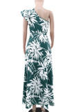 Green Elegant Print Patchwork High Slit Ruffled Trim Oblique Collar Long Dresses