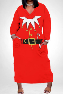 Red Casual Party Santa Claus Print Pocket Contrast V Neck Plus Size Dresses