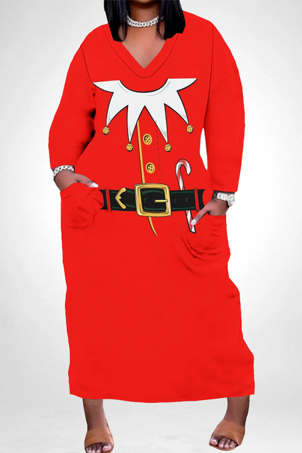 Red Casual Party Santa Claus Print Pocket Contrast V Neck Plus Size Dresses