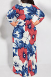 Ink Green Casual Print Patchwork Strap Design O Neck Long Plus Size Dresses