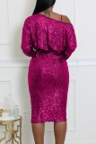 Pink Party Formal Elegant Solid Color Sequins Patchwork Oblique Collar Long Sleeve Two Pieces