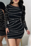 Blue Sexy Party Patchwork Hot Drilling Backless O Neck Wrapped Skirt Dresses
