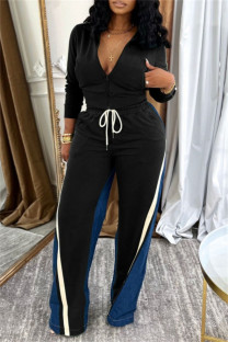 Black Casual Sportswear Daily Patchwork Contrast Zipper Collar Long Sleeve Two Pieces