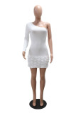 White Sexy Party Solid Color Patchwork Backless Oblique Collar Wrapped Skirt Dresses