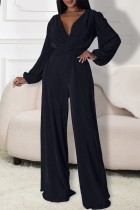 Navy Blue Casual Solid Color Lace Up V Neck Regular Jumpsuits