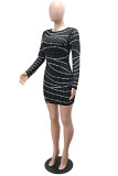 Blue Sexy Party Patchwork Hot Drilling Backless O Neck Wrapped Skirt Dresses