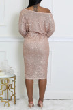 Purple Party Formal Solid Color Sequins Lace Up Oblique Collar Long Sleeve Dresses