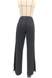 Ink Green Casual Draw String Patchwork High Slit Contrast Loose High Waist Wide Leg Patchwork Bottoms