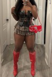 Coffee Sexy Hot Leopard Print Patchwork Backless Belted Strapless Sleeveless Two Pieces