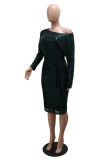 Purple Party Formal Solid Color Sequins Lace Up Oblique Collar Long Sleeve Dresses
