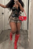 Coffee Sexy Hot Leopard Print Patchwork Backless Belted Strapless Sleeveless Two Pieces