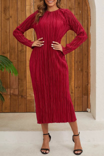 Red Elegant Solid Color Patchwork O Neck Long Dresses