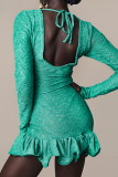 Green Sexy Solid Color Patchwork Backless O Neck Wrapped Skirt Dresses