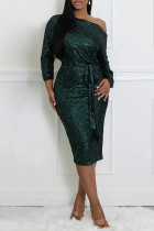Ink Green Party Formal Solid Color Sequins Lace Up Oblique Collar Long Sleeve Dresses
