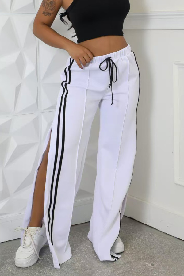 White Casual Draw String Patchwork High Slit Contrast Loose High Waist Wide Leg Patchwork Bottoms