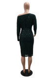 Purple Party Formal Solid Color Sequins Lace Up Oblique Collar Long Sleeve Dresses