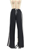Ink Green Casual Draw String Patchwork High Slit Contrast Loose High Waist Wide Leg Patchwork Bottoms