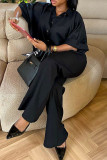 Black Casual Solid Color Buckle Patchwork Turndown Collar Half Sleeve Two Pieces
