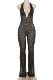 Black Sexy Solid Color Lace Up See-Through Backless Halter Skinny Jumpsuits