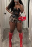 Coffee Sexy Hot Leopard Print Patchwork Backless Belted Strapless Sleeveless Two Pieces