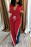 Red Casual Sportswear Daily Patchwork Contrast Zipper Collar Long Sleeve Two Pieces