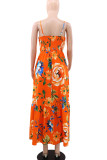 Tangerine Red Elegant Print Patchwork Backless Spaghetti Strap Sling Dresses