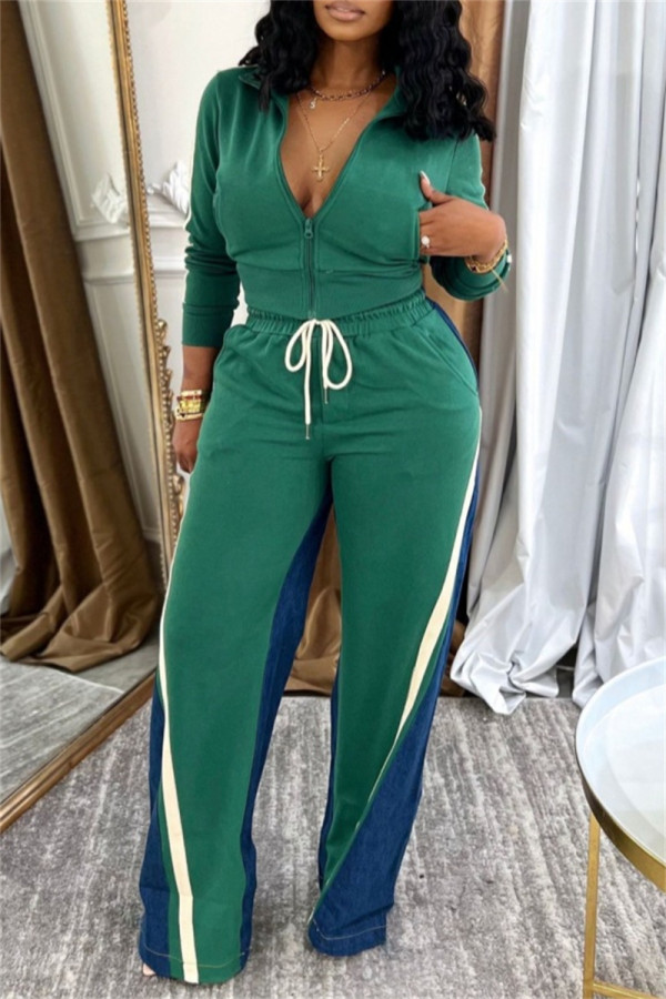Green Casual Sportswear Daily Patchwork Contrast Zipper Collar Long Sleeve Two Pieces