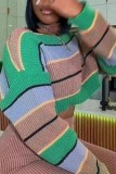 Green Casual Stripe Basic O Neck Tops