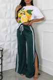 Ink Green Casual Draw String Patchwork High Slit Contrast Loose High Waist Wide Leg Patchwork Bottoms