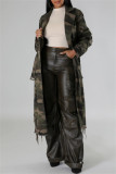 Light Green Casual Camouflage Print Ripped Buttons With Belt Turndown Collar Outerwear