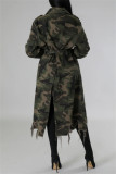 Light Green Casual Camouflage Print Ripped Buttons With Belt Turndown Collar Outerwear