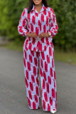 Red Casual Print Buckle Patchwork Turndown Collar Long Sleeve Two Pieces