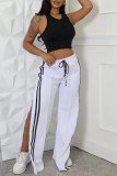 Ink Green Casual Draw String Patchwork High Slit Contrast Loose High Waist Wide Leg Patchwork Bottoms