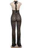 Black Sexy Solid Color Lace Up See-Through Backless Halter Skinny Jumpsuits