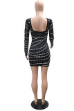 Blue Sexy Party Patchwork Hot Drilling Backless O Neck Wrapped Skirt Dresses