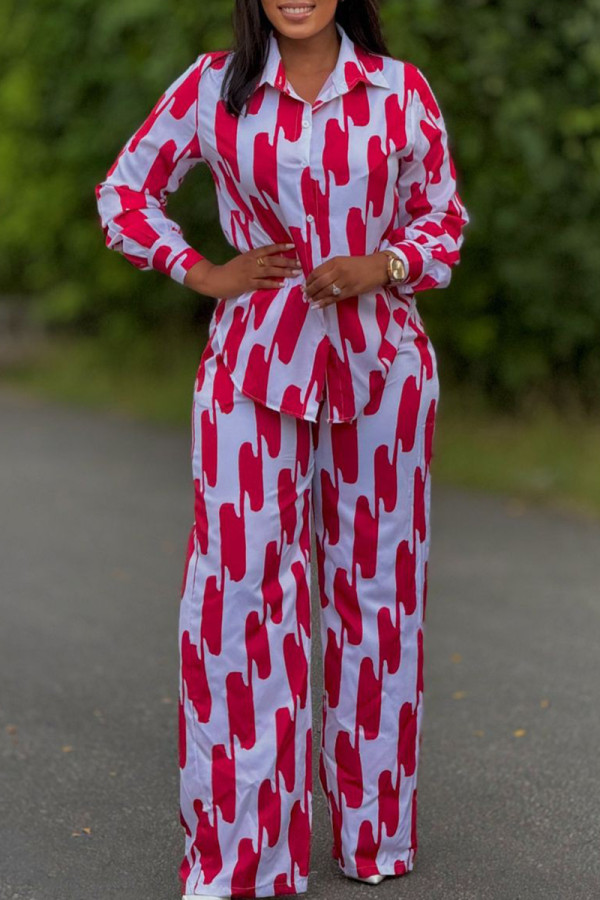 Red Casual Print Buckle Patchwork Turndown Collar Long Sleeve Two Pieces