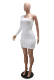 White Sexy Party Solid Color Patchwork Backless Oblique Collar Wrapped Skirt Dresses
