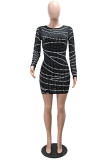 Blue Sexy Party Patchwork Hot Drilling Backless O Neck Wrapped Skirt Dresses