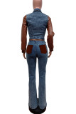 Sky Blue Casual Pocket Buckle Patchwork Contrast Turndown Collar Long Sleeve Two Pieces