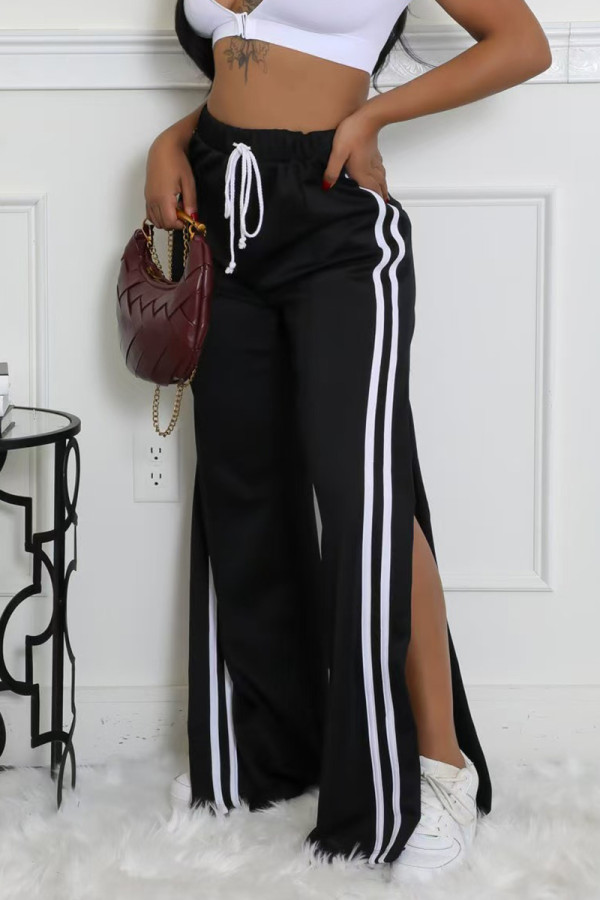 Black Casual Draw String Patchwork High Slit Contrast Loose High Waist Wide Leg Patchwork Bottoms