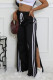Black Casual Draw String Patchwork High Slit Contrast Loose High Waist Wide Leg Patchwork Bottoms